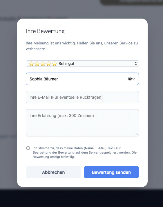 Bewertungsmaske für Kunden